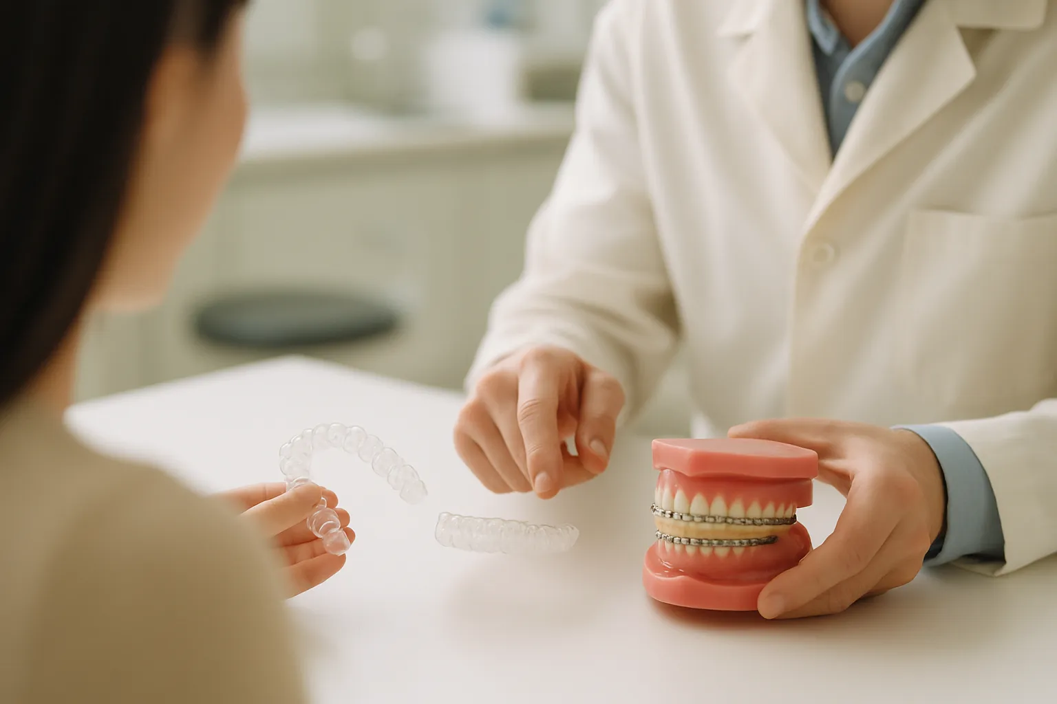 Clear aligners and traditional braces side by side on dental models