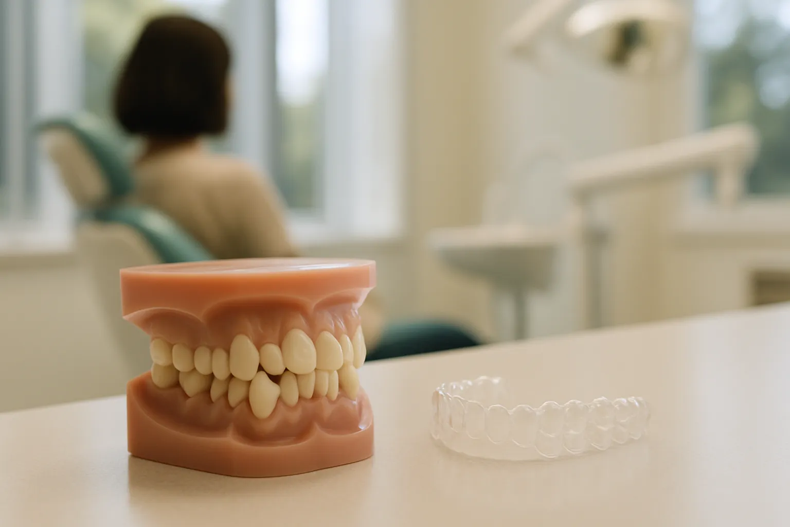 Dental model with crowded teeth and a clear aligner tray