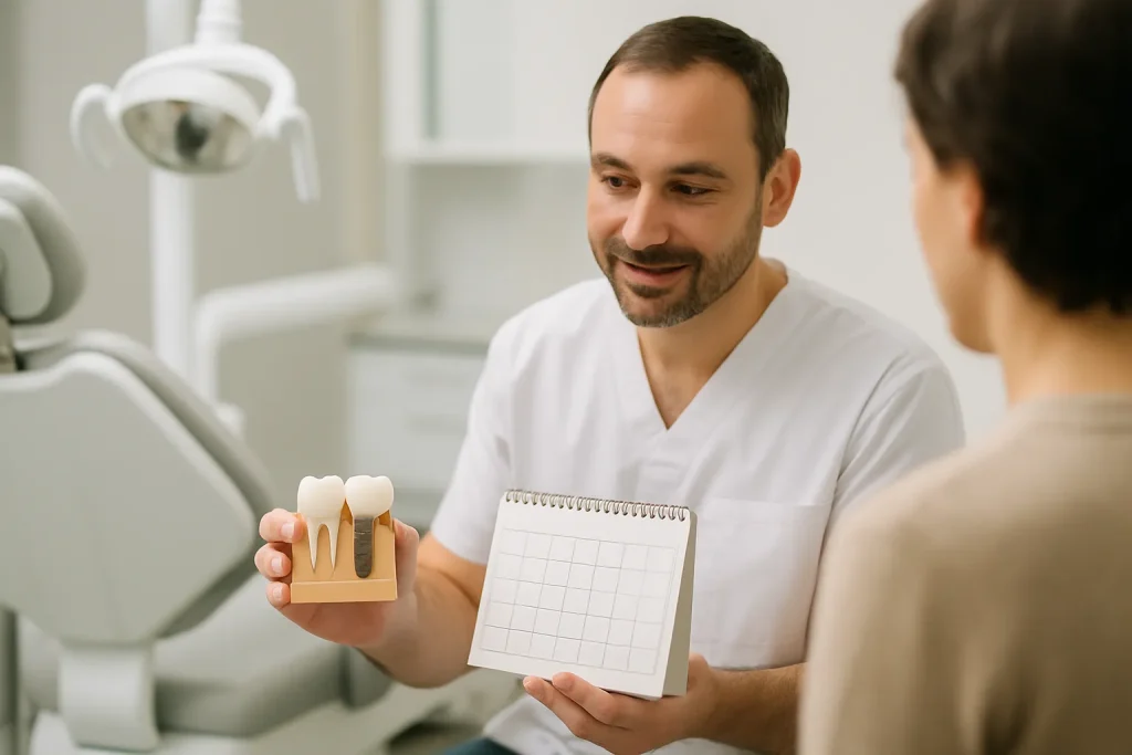 Dentist showing dental implant stages using a model and calendar