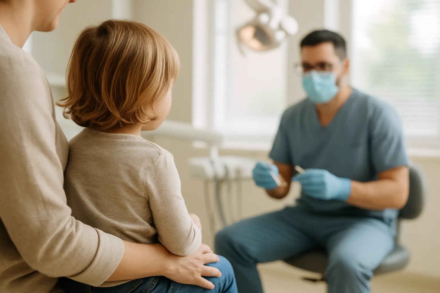 A child and parent in a child-friendly dental clinic, dentist nearby.